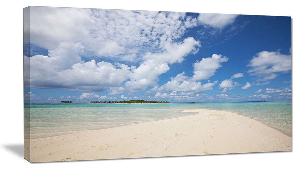 "Serene Maldives Beach Under Clouds" Seascape Art Canvas, 32"x16"
