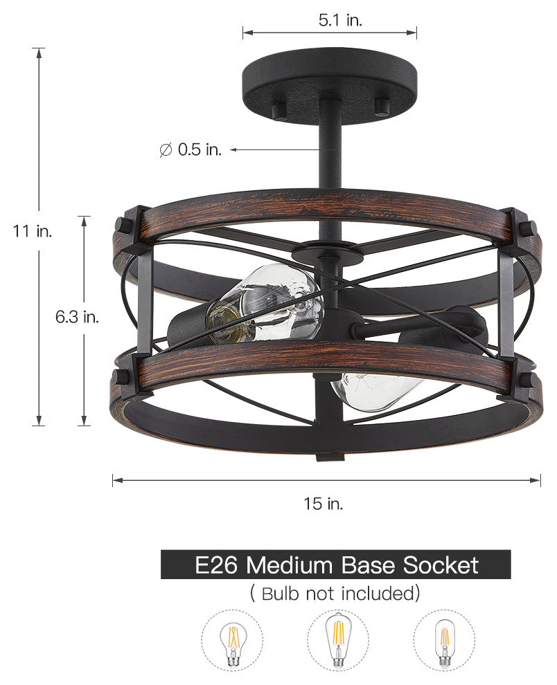 15" W 2-Light Black Vintage Rustic Semi-Flush Mount Ceiling Light