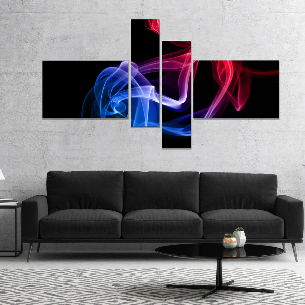 Blue Red Floating Smoke on Black, Abstract Canvas Wall Art, 60"x32", 4 panels