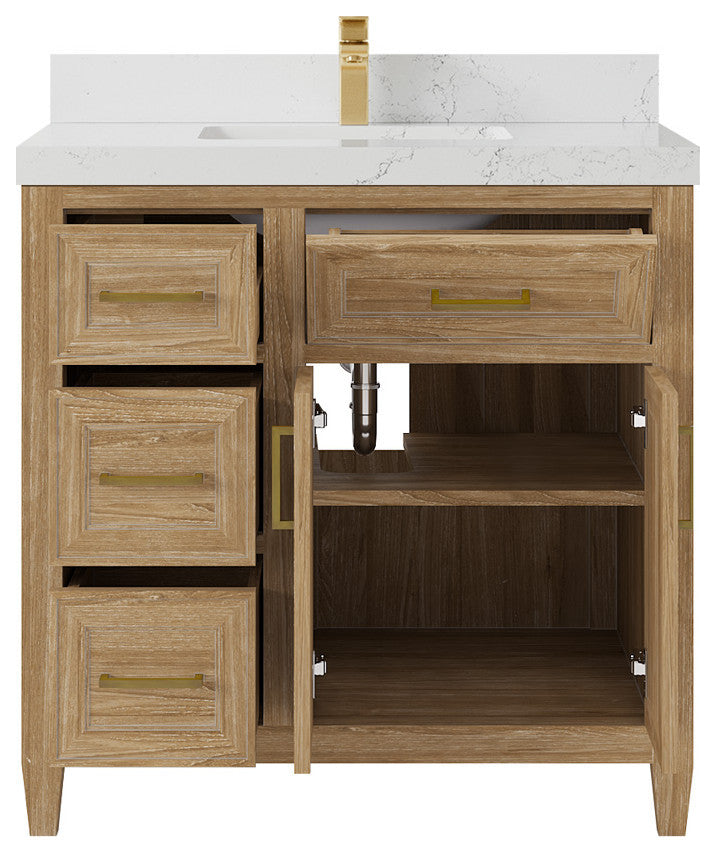 Santa Monica 36 Center Sink Bath Vanity in Whitewashed Teak 2" Empira Quartz
