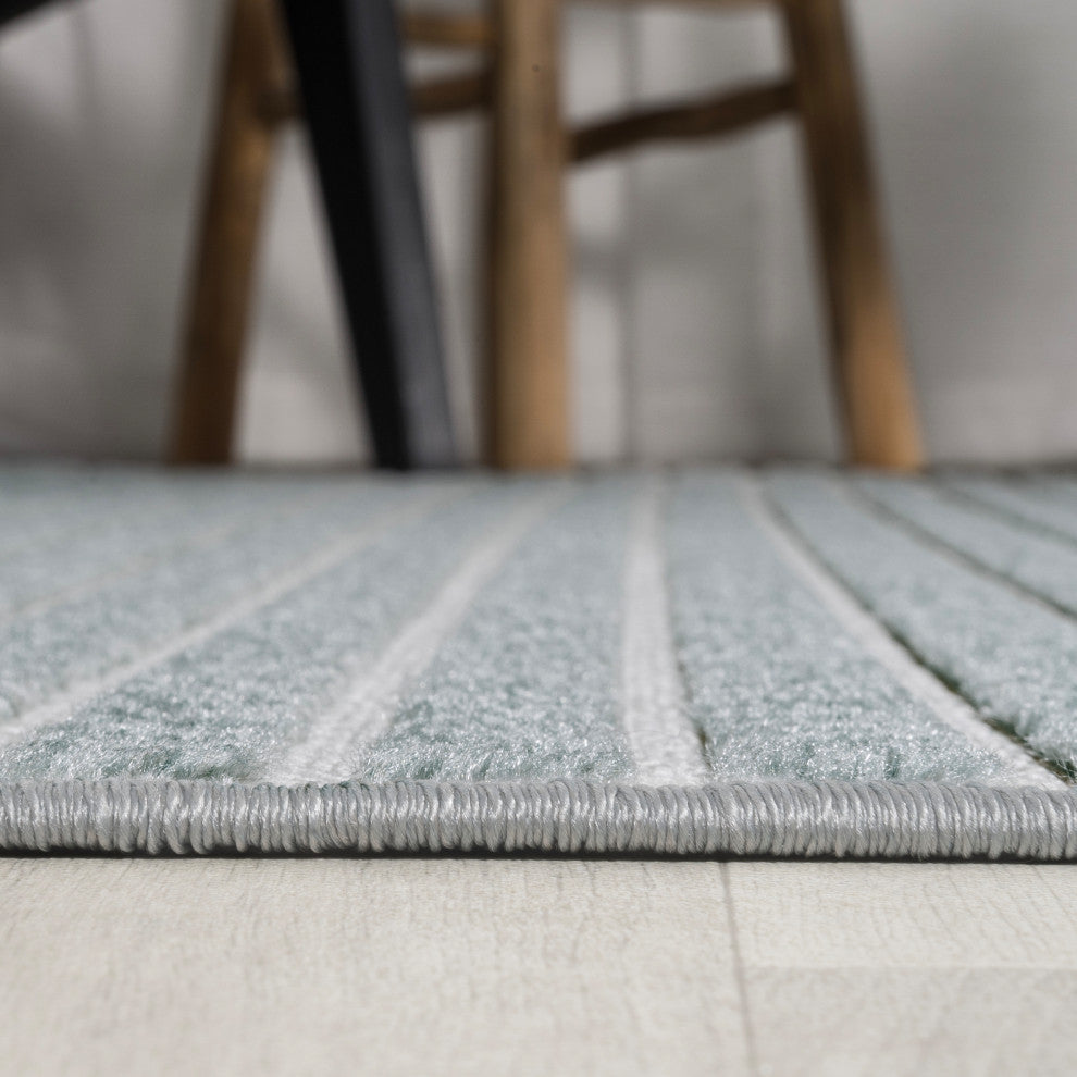 Aarhus High-Low Scandi Striped Blue/Ivory 8 ft x 10 ft Indoor/Outdoor Area Rug