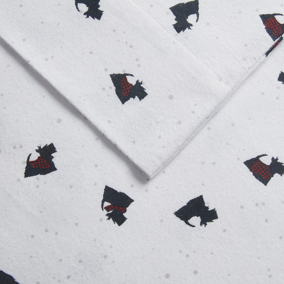Woolrich Flannel Cotton Flannel Winter Sheet Set, White Scottie