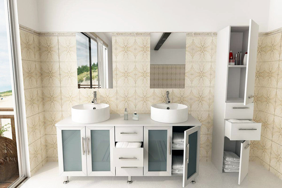 59" Double Lune White Large Vessel Sink Contemporary Bathroom Vanity Cabinet Set