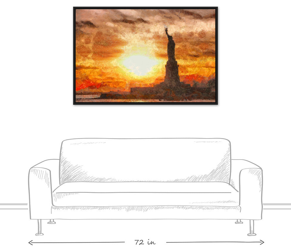 Statue of Liberty Sunset 32x48 Black Floating Framed Canvas