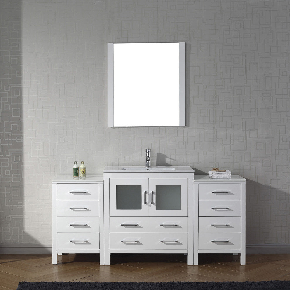 Dior 66" Single Bathroom Vanity, White, White Ceramic, Brushed Nickel Faucet