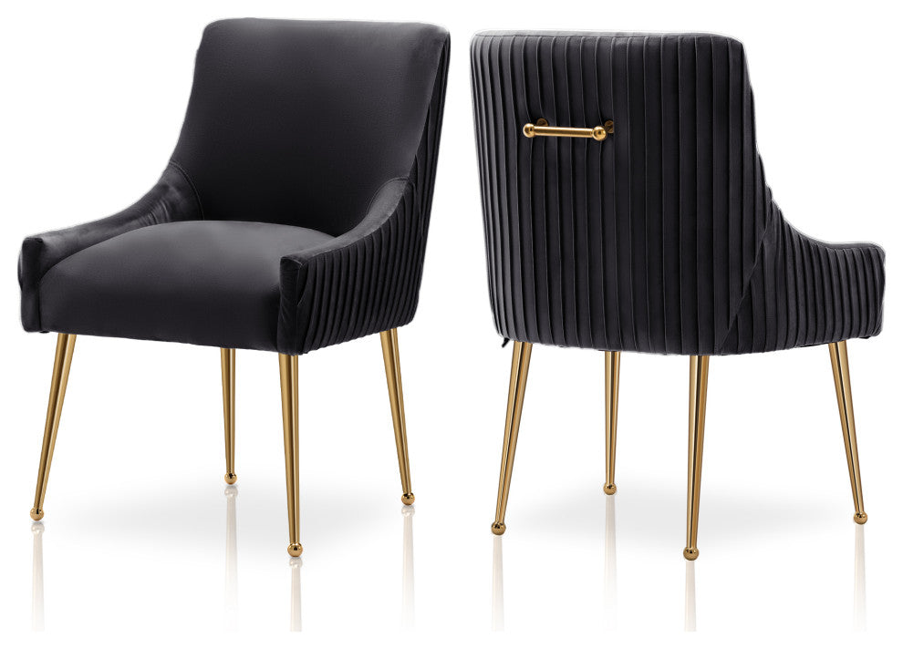 Glam Pleated Velvet Dining Chair Set of 2, Tufted Side Accent Kitchen Chair, Black