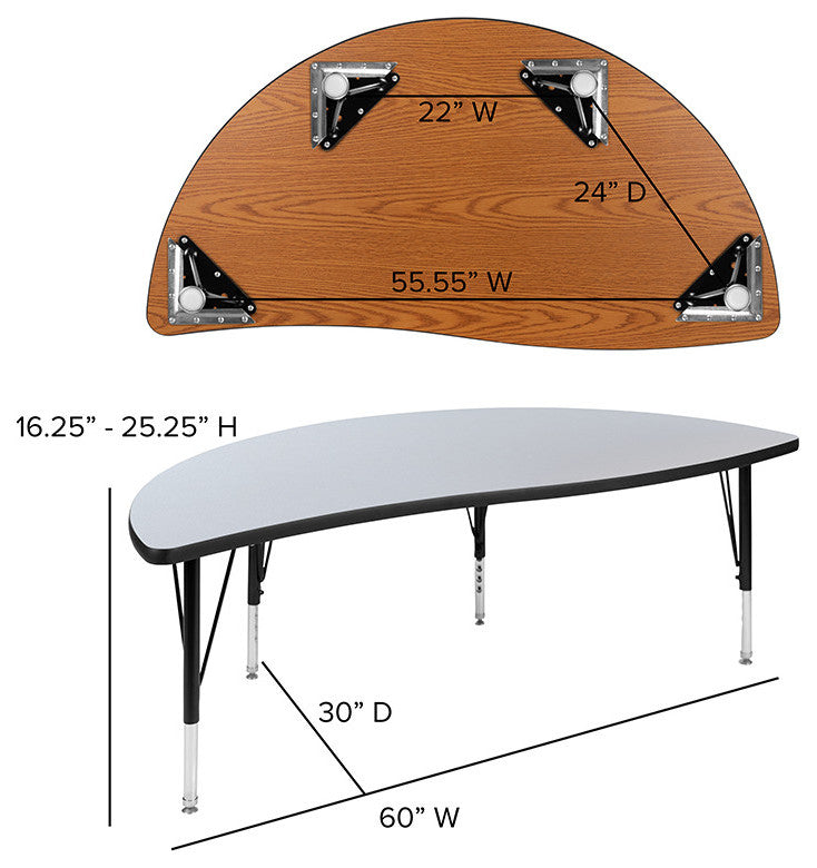 3 Piece 86" Oval Wave Activity Table Set - Height Adj. Short Legs, Grey