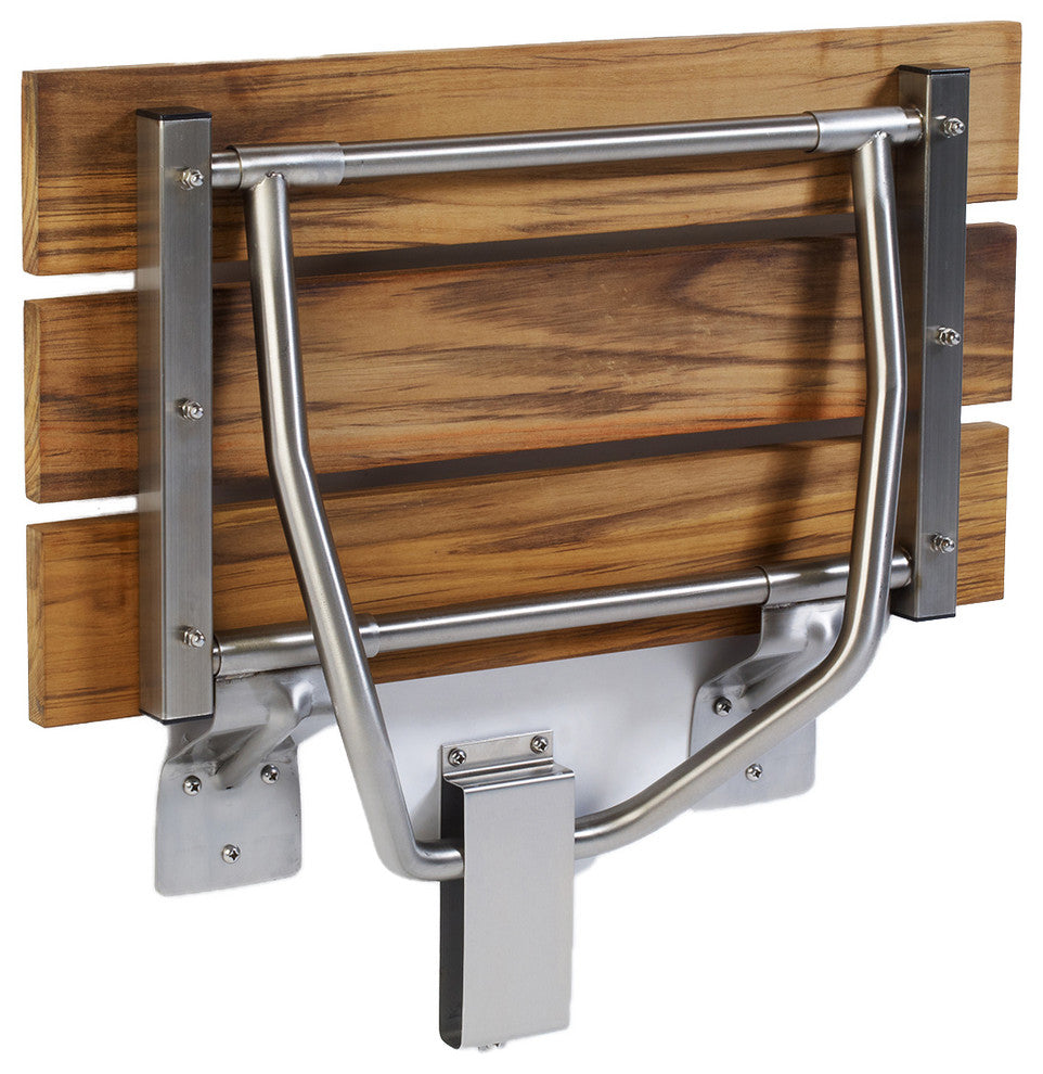 Rectangular Folding Shower Seat, Teak Wood, 32 Inch, Wall Mount