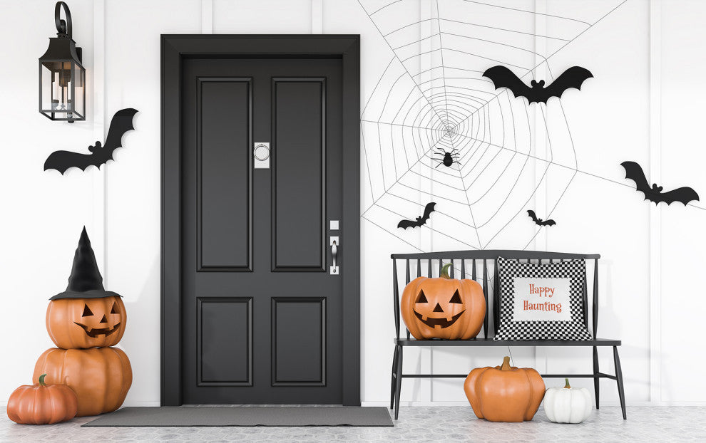 Happy Haunting Checks Indoor/Outdoor Throw Pillow, Black, 18"x18"