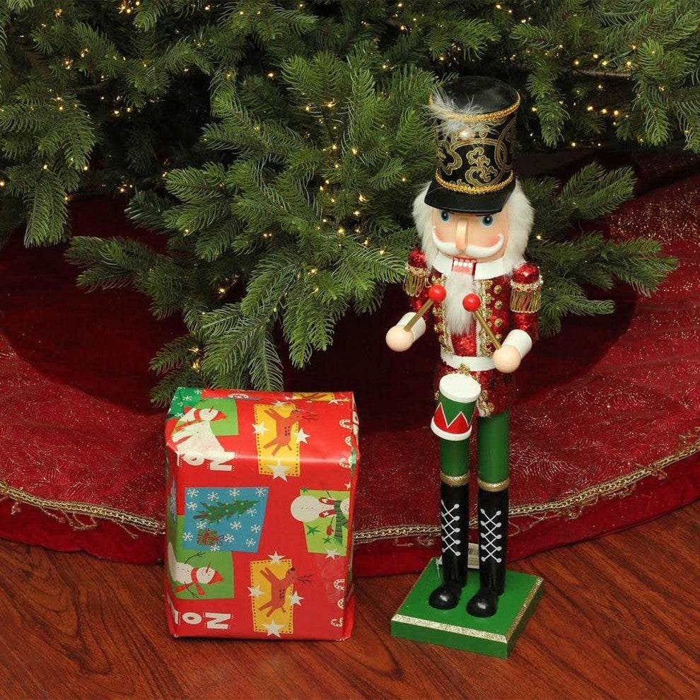 24" Decorative Red Green and Gold Wooden Christmas Nutcracker Drummer