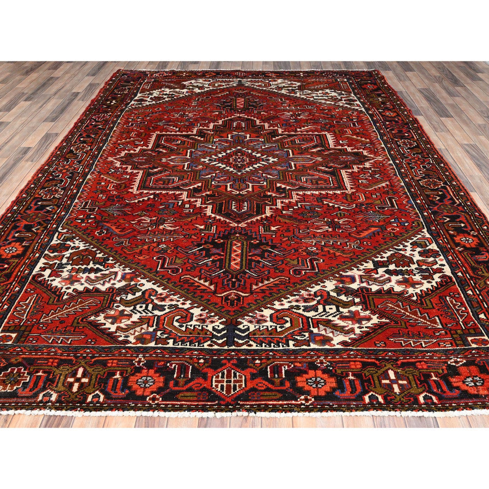 Crimson Red, Hand Knotted, Vintage Persian Heriz, Pure Wool Rug, 7'10"x11'
