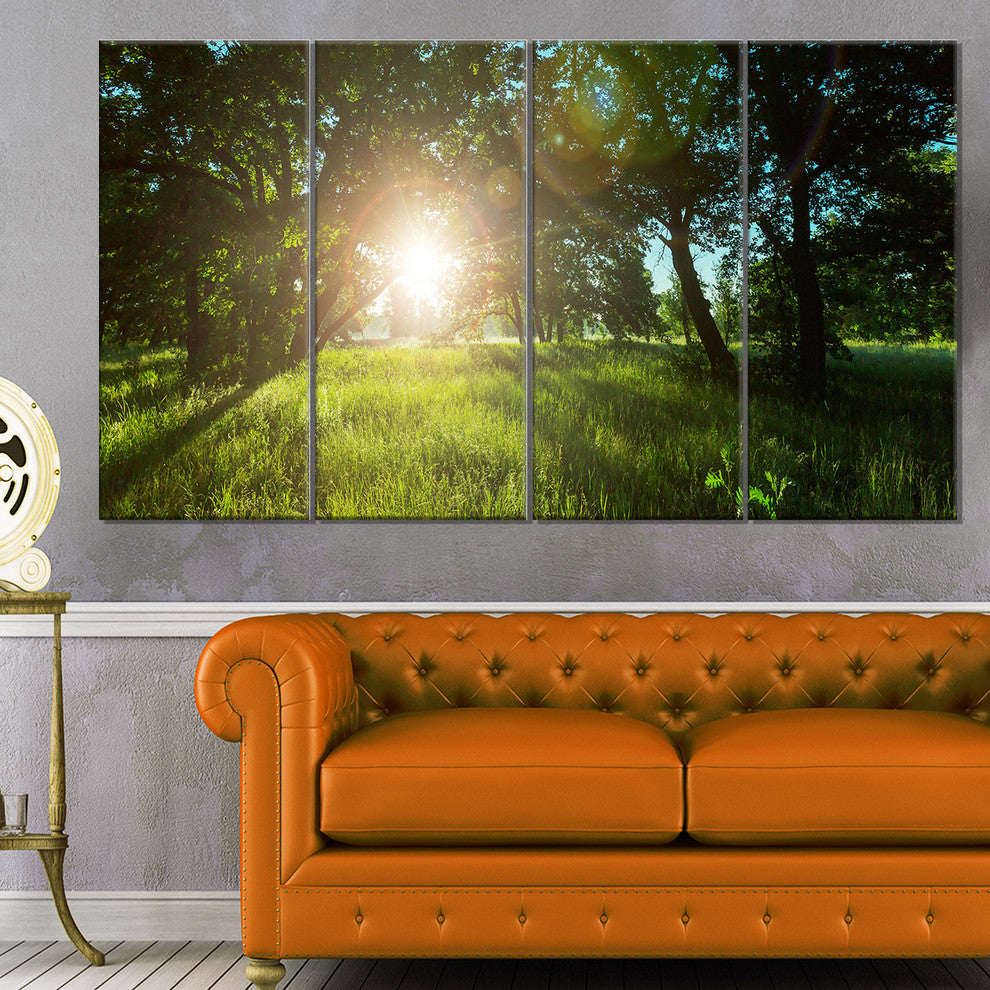 Sunny Day in Green Forest Meadow, Landscape Canvas Art, 48"x28", 4 Panels