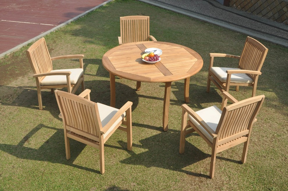 6-Piece Outdoor Teak Dining Set: 52" Round Table, 5 Wave Stacking Arm Chairs
