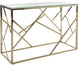 Contemporary Console Table, Geometric Frame With Tempered Glass Top, Brass