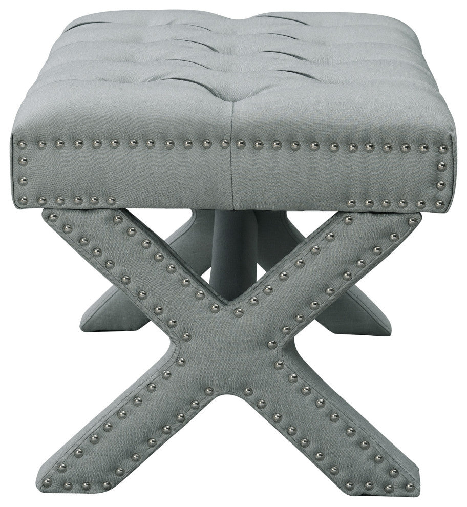 Paola Linen Button Tufted Silver Nailhead Trim X-Leg Ottoman, Light Gray
