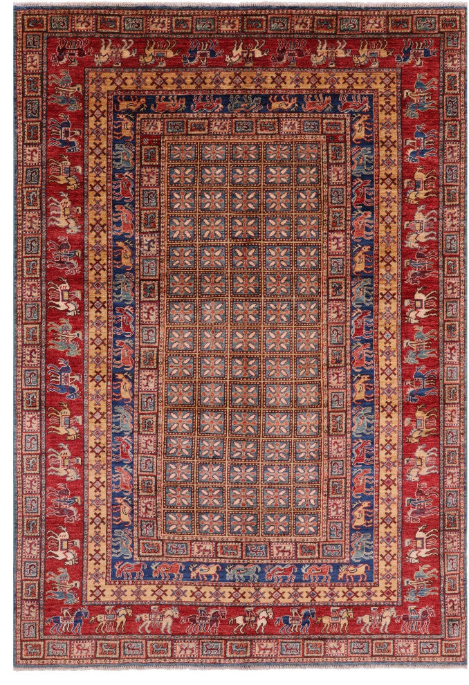 Handmade Antiqued Pazyryk Historical Design Wool Rug 5' 10" X 8' 8" Q10708