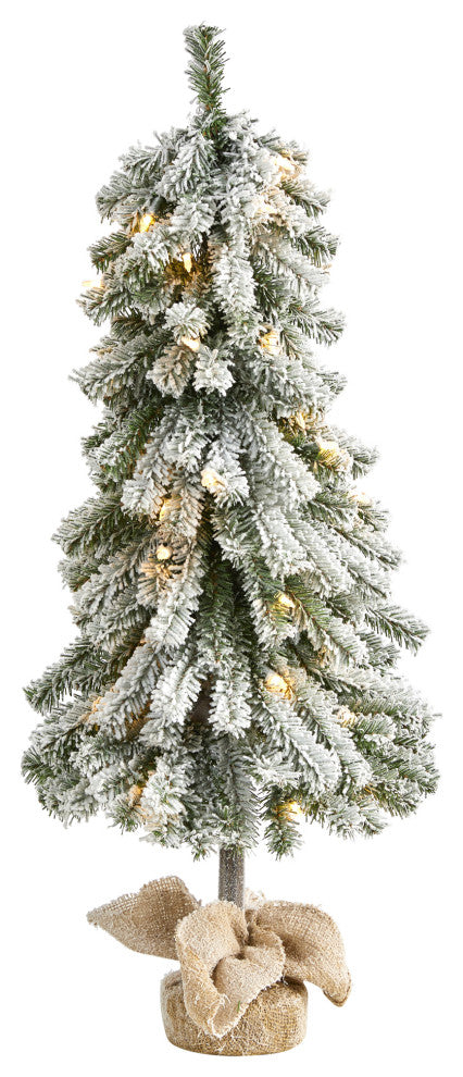 3' Flocked Alpine Xmas Faux Tree W/50 Lights, Bendable Branches & Burlap Planter