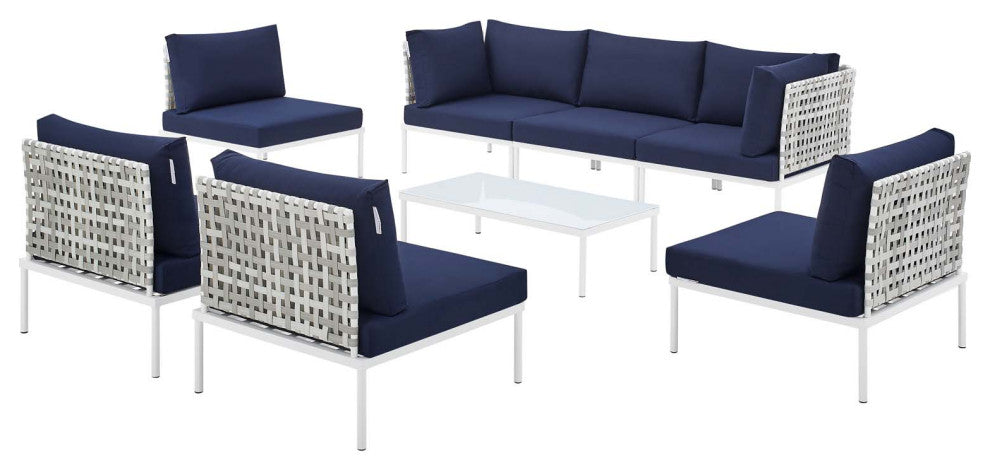Lounge Sectional Sofa Chair Table Set, Sunbrella, Aluminum, Blue Navy, Outdoor