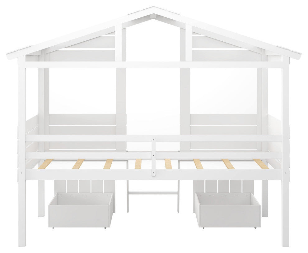 Twin Size Loft Bed With Two Drawers Windows And Roof Design White