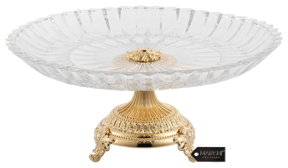 Crystal Cake Dish Round Serving Platter With 24K Gold Plated Pedestal Base