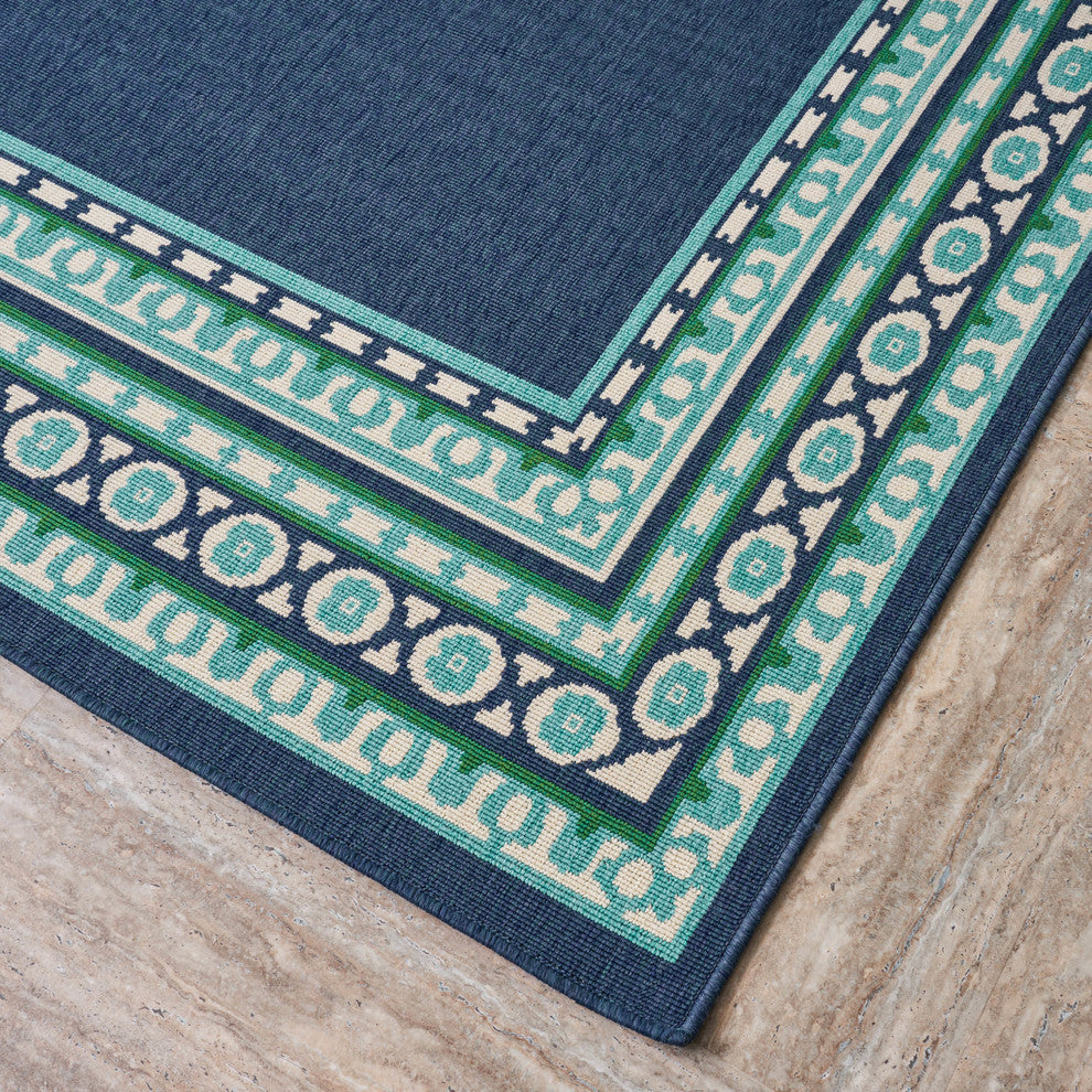 GDF Studio Darleen Outdoor Border  Area Rug, Navy and Green, 5'x8'