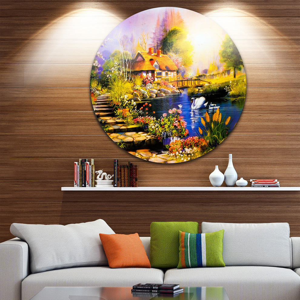 House Near The Lake Swans, Landscape Round Metal Wall Art, 11"