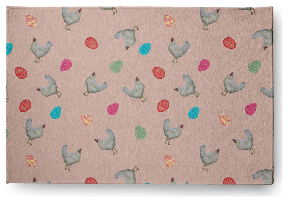 Chickens and Eggs Easter Chenille Rug, Sunwashed Red, 4'x6'
