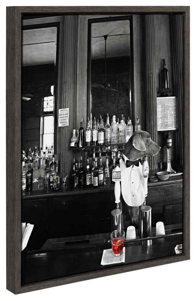 Sylvie Dog Bartender Framed Canvas Wall Art, Gray 18x24