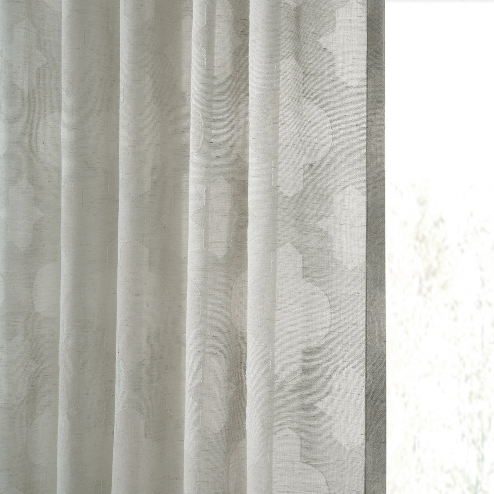 Calais Tile Patterned Linen Sheer Curtain Single Panel, Gray, 50"x84"