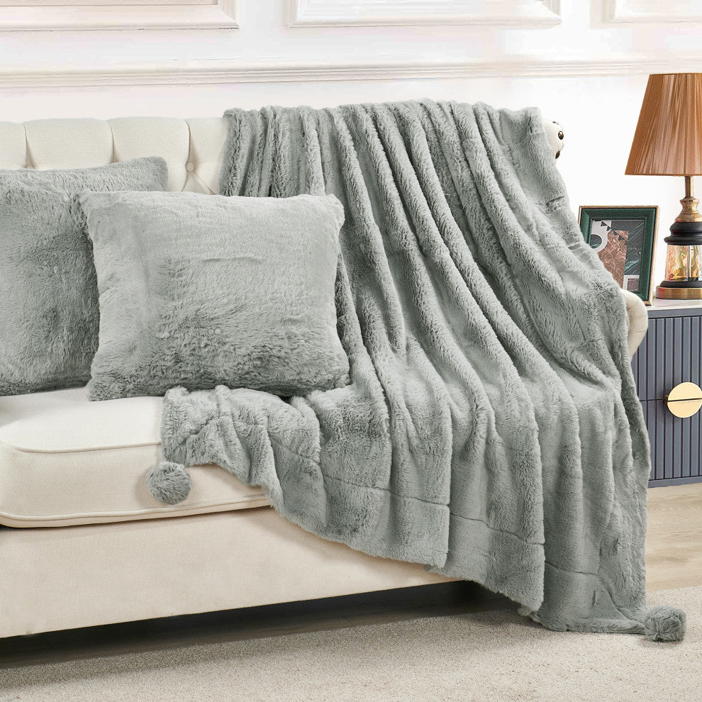 Pompom Faux Fur Throw With 2 Pillows, Silver