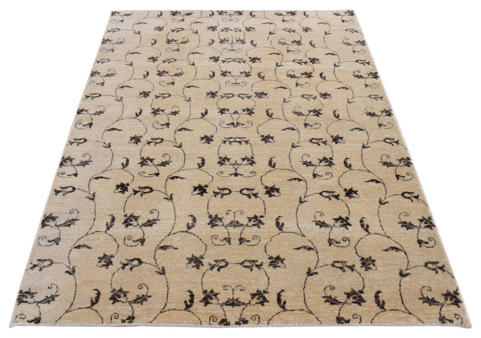 Beige scroll and branch design Hand Knotted Pure Wool Oriental Rug 4'7"x6'4"