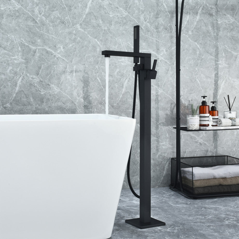 Campia Single Lever Handle Floor Mounted Tub Filler With Handshower, Matte Black