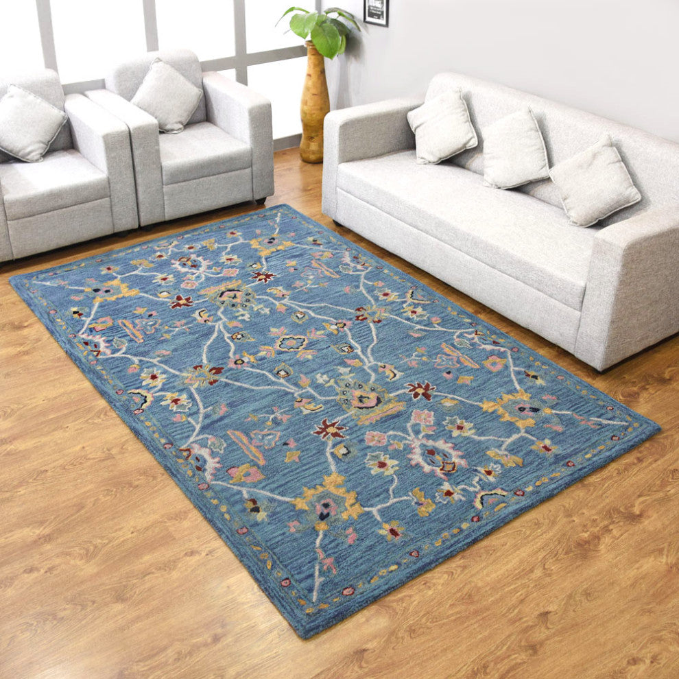 HAND TUFTED WOOL ECO-FRIENDLY AREA RUGS - Rectangle,Light Blue,Floral