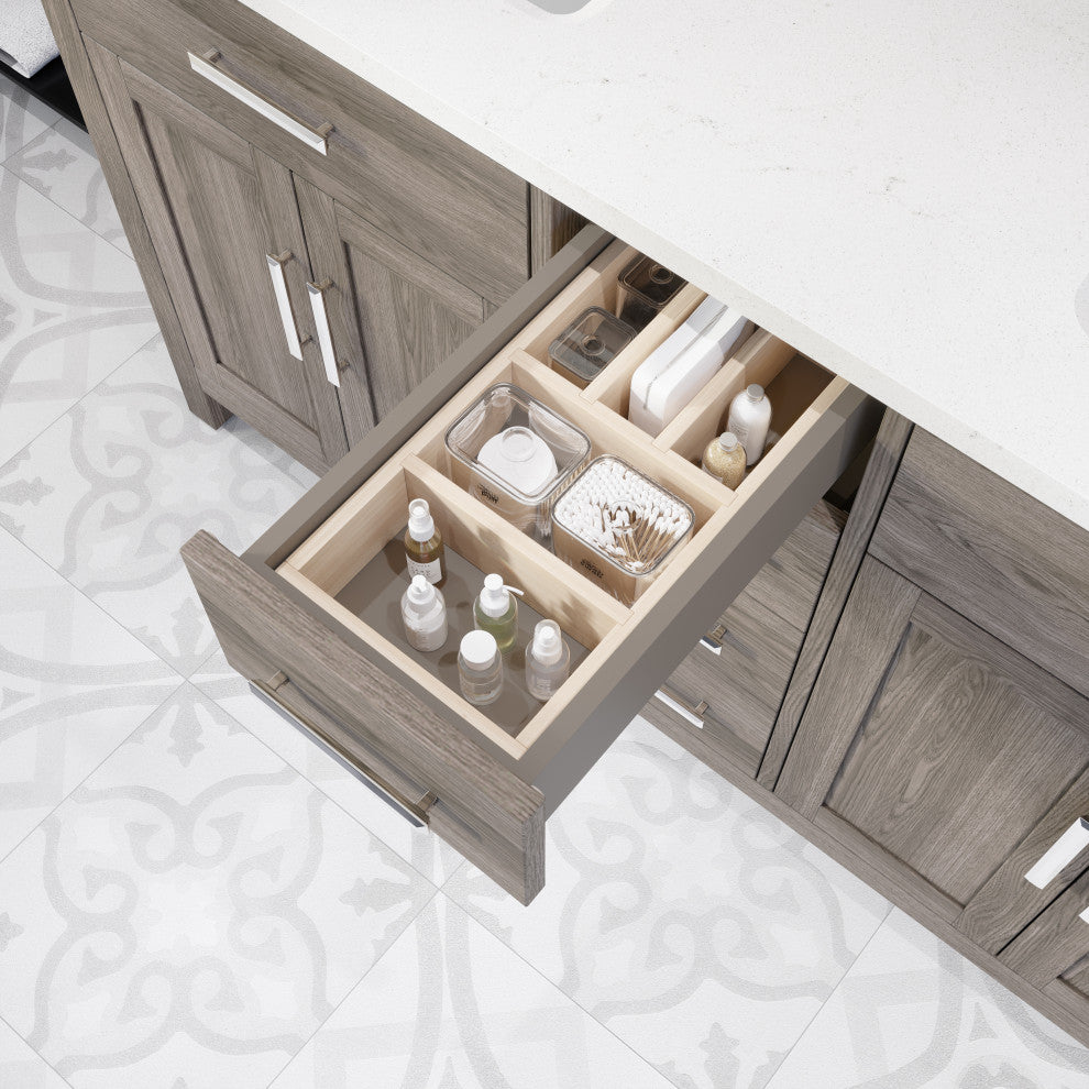 Kali Vanity with Power Bar and Drawer Organizer, French Gray, 60"