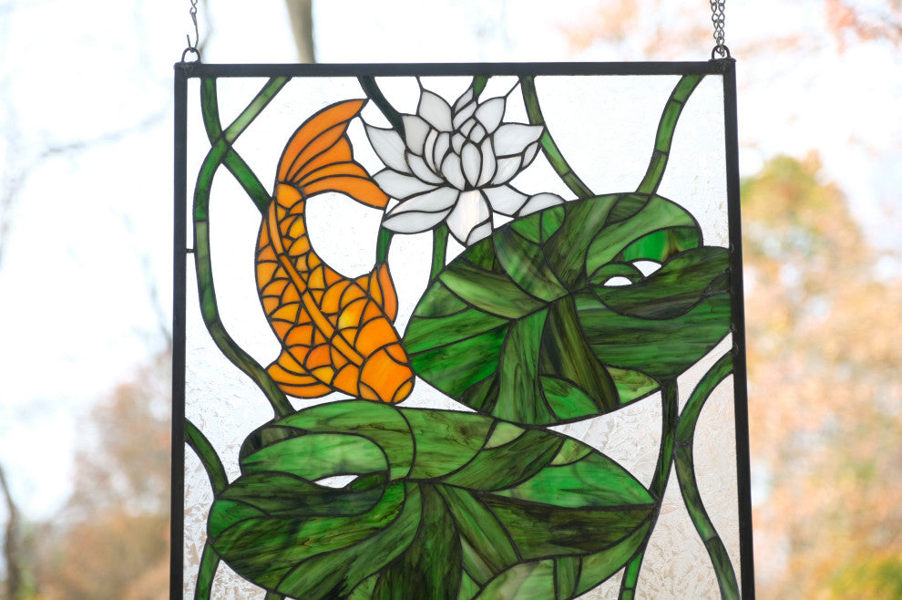 20.25" x 34.5" Fish Play Lotus Leaf Tiffany Style glass window panel