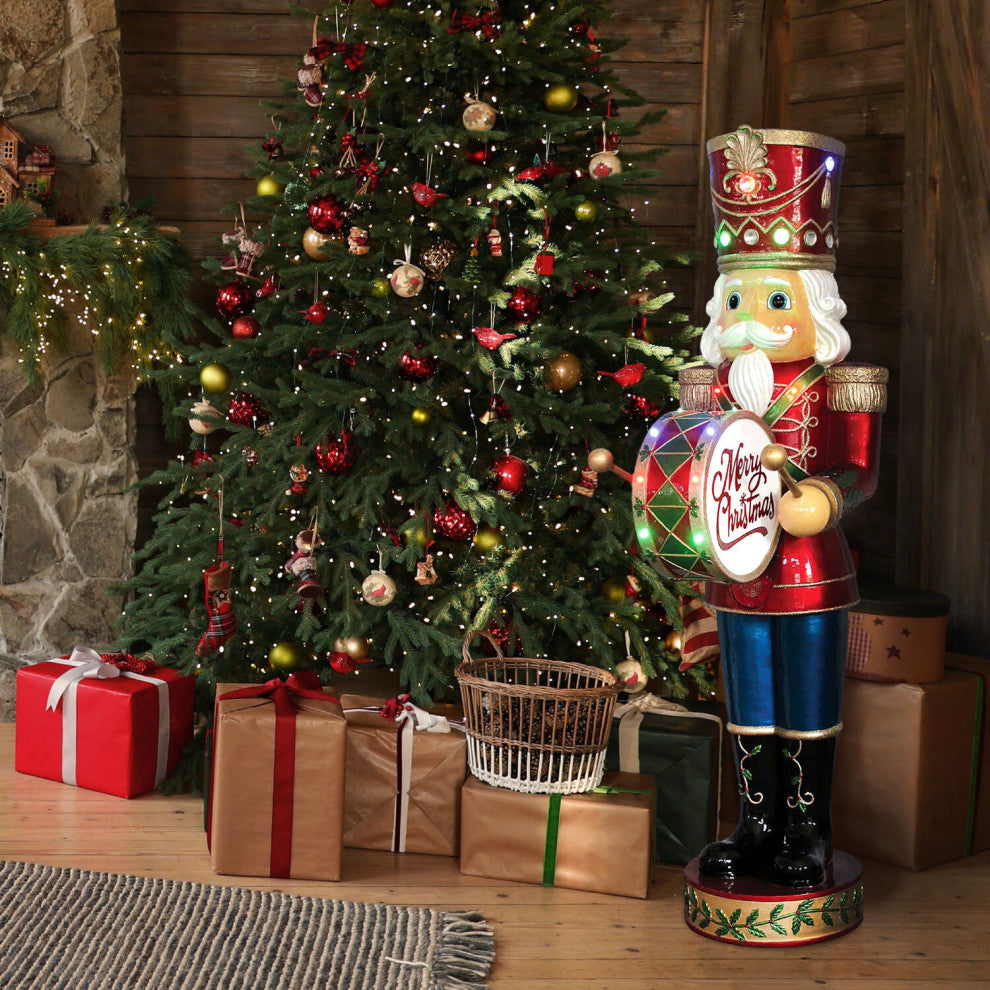 5' Nutcracker Playing Bass Drum With Moving Hands, Music, Timer, 15 LEDs