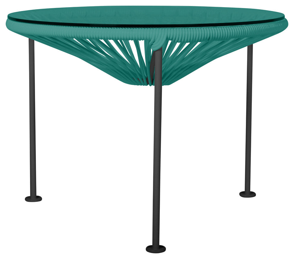 Zicatela Indoor/Outdoor Handmade Side Table, Turquoise Weave, Black Frame