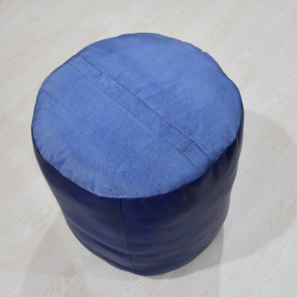 Poufs-Solid Goat Leather Pouf, Handmade (Recycled Cotton Fill), [Round)14x14x14