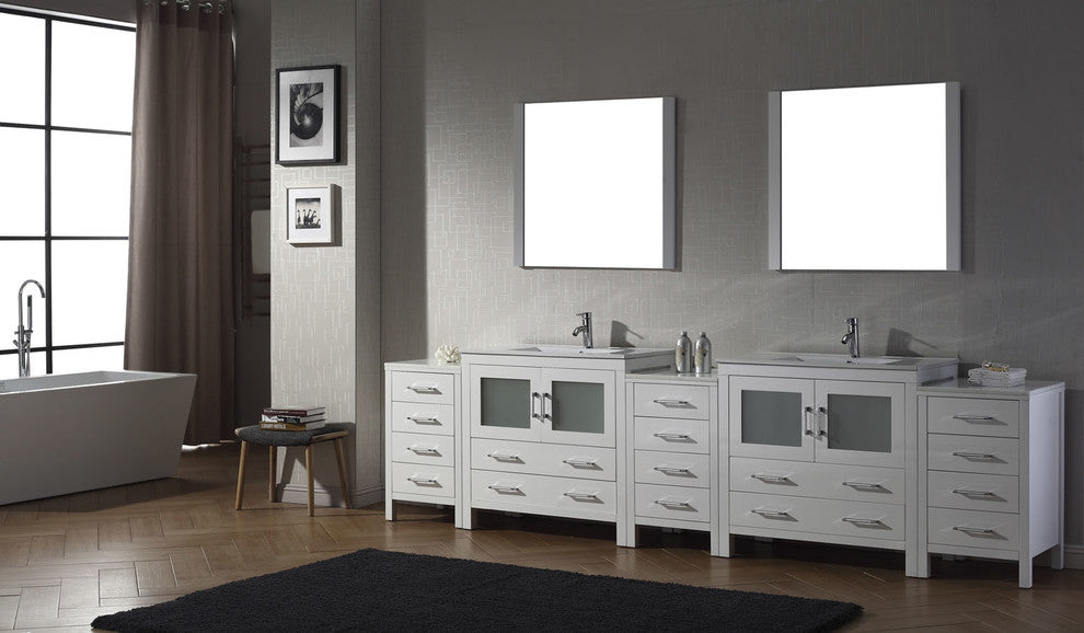 Virtu Dior 118" Double Bathroom Vanity, White, Polished Chrome Faucet, Mirrors