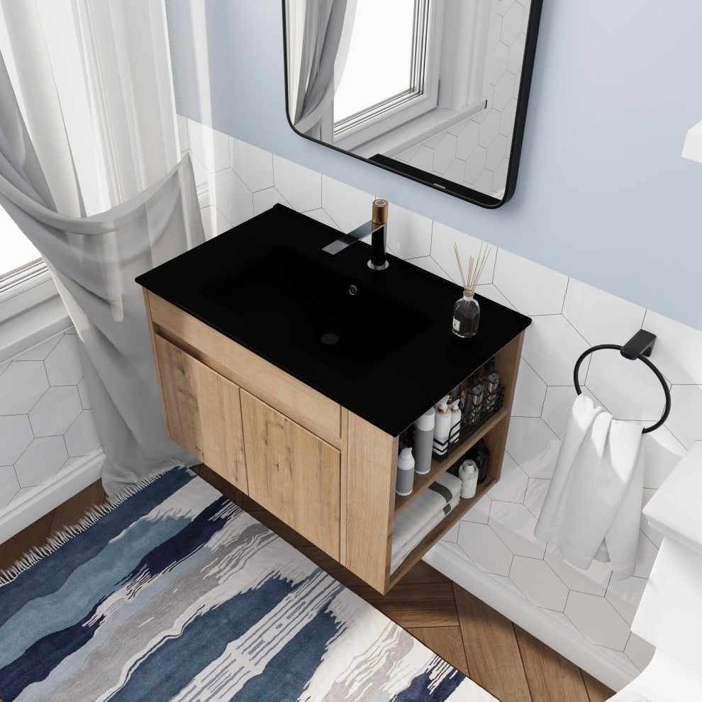 BNK 30x18 Bathroom Vanity With Adjustable Shelf, Black Top