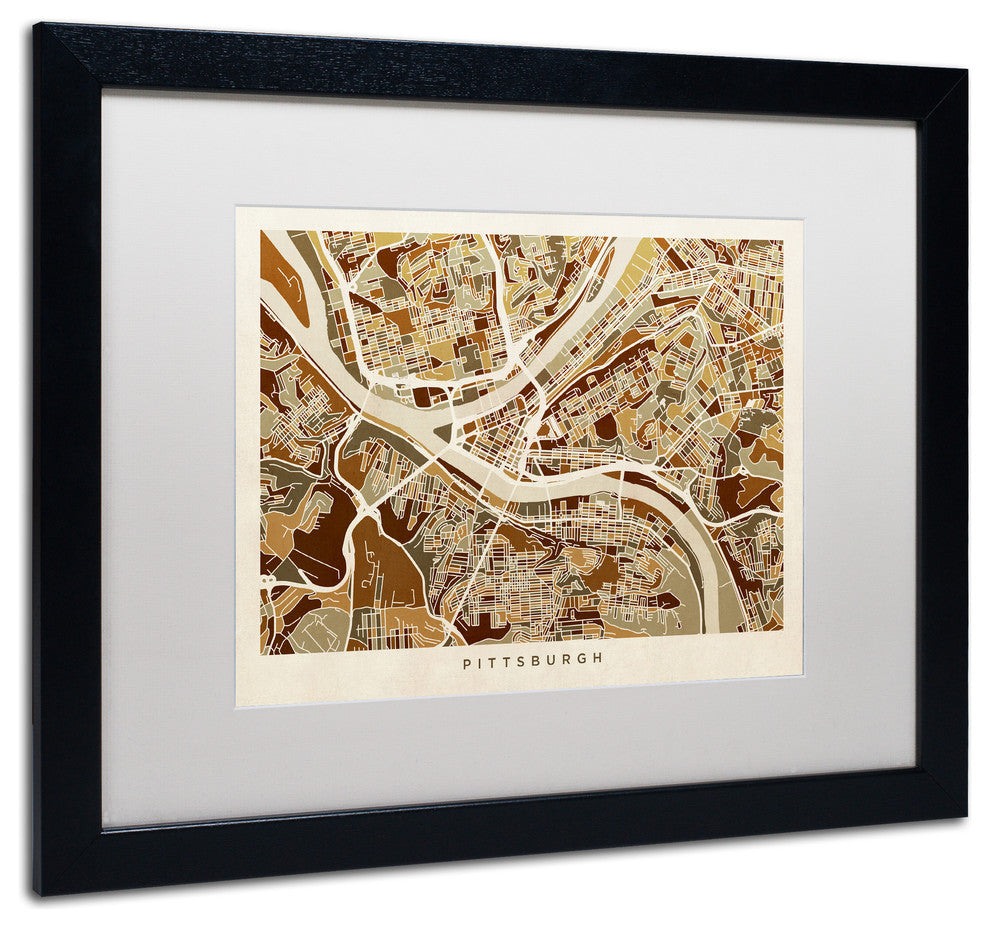 "Pittsburgh Street Map" Matted Framed Canvas Art by Michael Tompsett