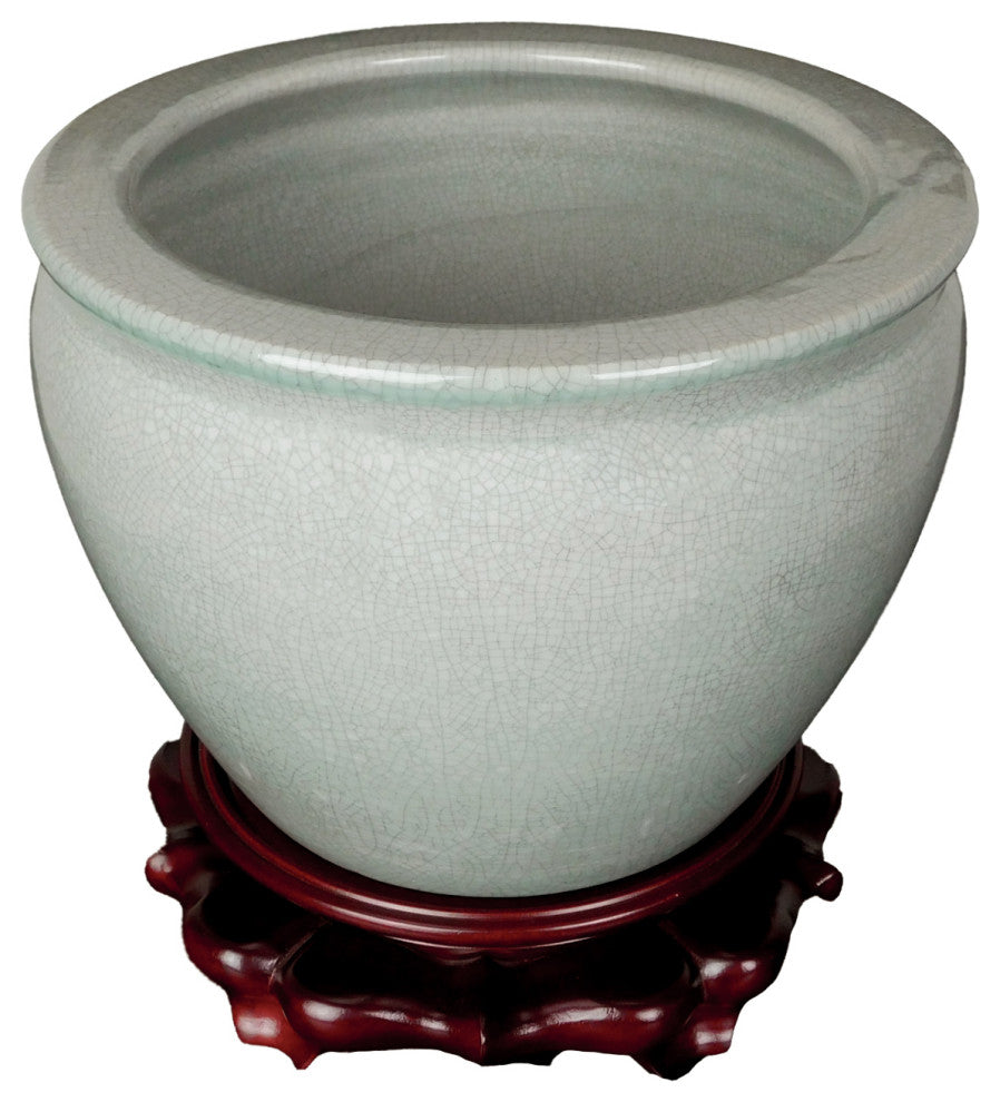 Chinese Porcelain Fish Bowl Planter, Celadon Crackle, 14"