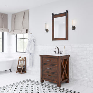 Aberdeen Carrara Marble Countertop Vanity in Rustic Sierra with Barn Mirror