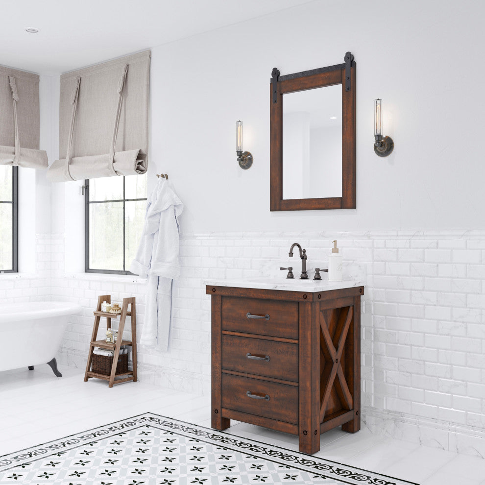 Aberdeen Carrara Marble Countertop Vanity in Rustic Sierra with Barn Mirror