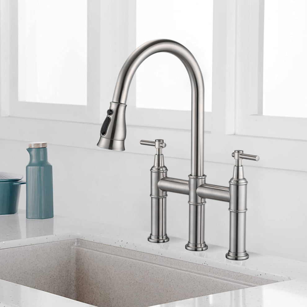 Double Handle High Arc Bridge Kitchen Faucet with Pull-Down Spray Head