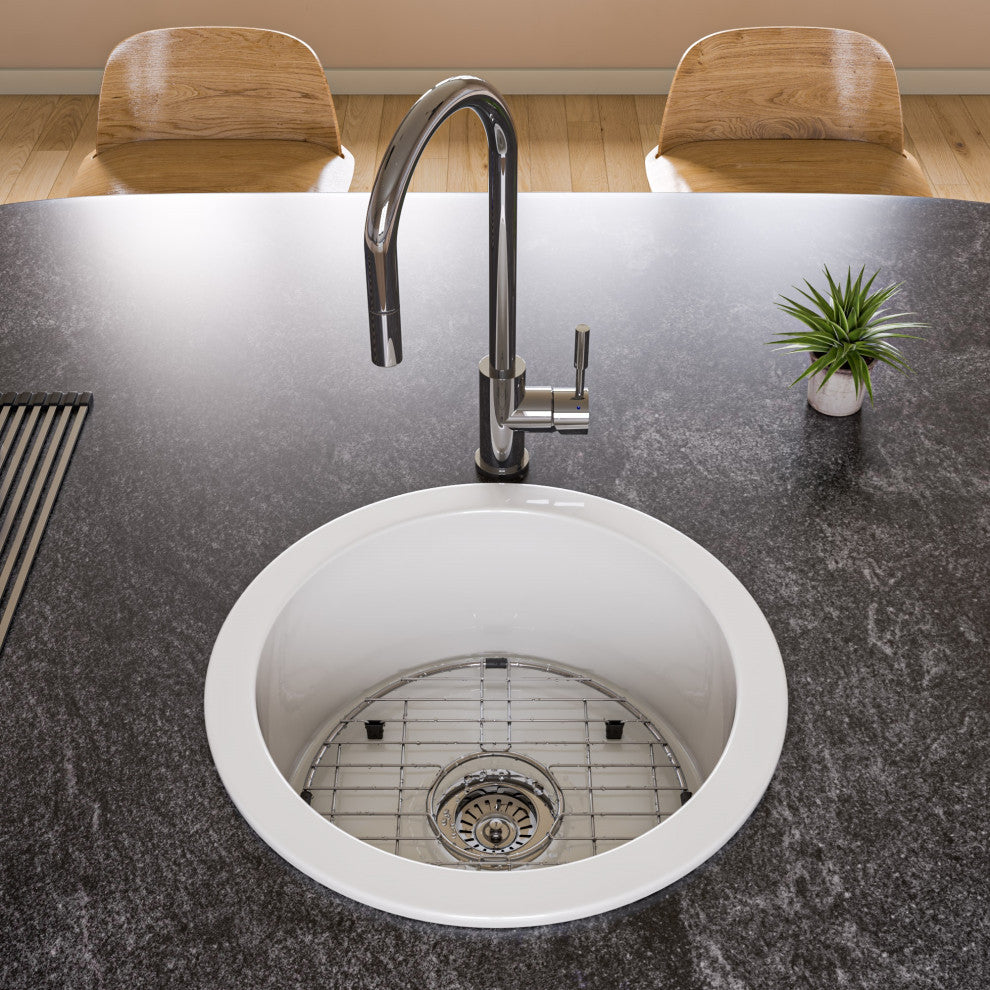 Undermount/Drop Fireclay Prep Sink, White, 18"x18", Round