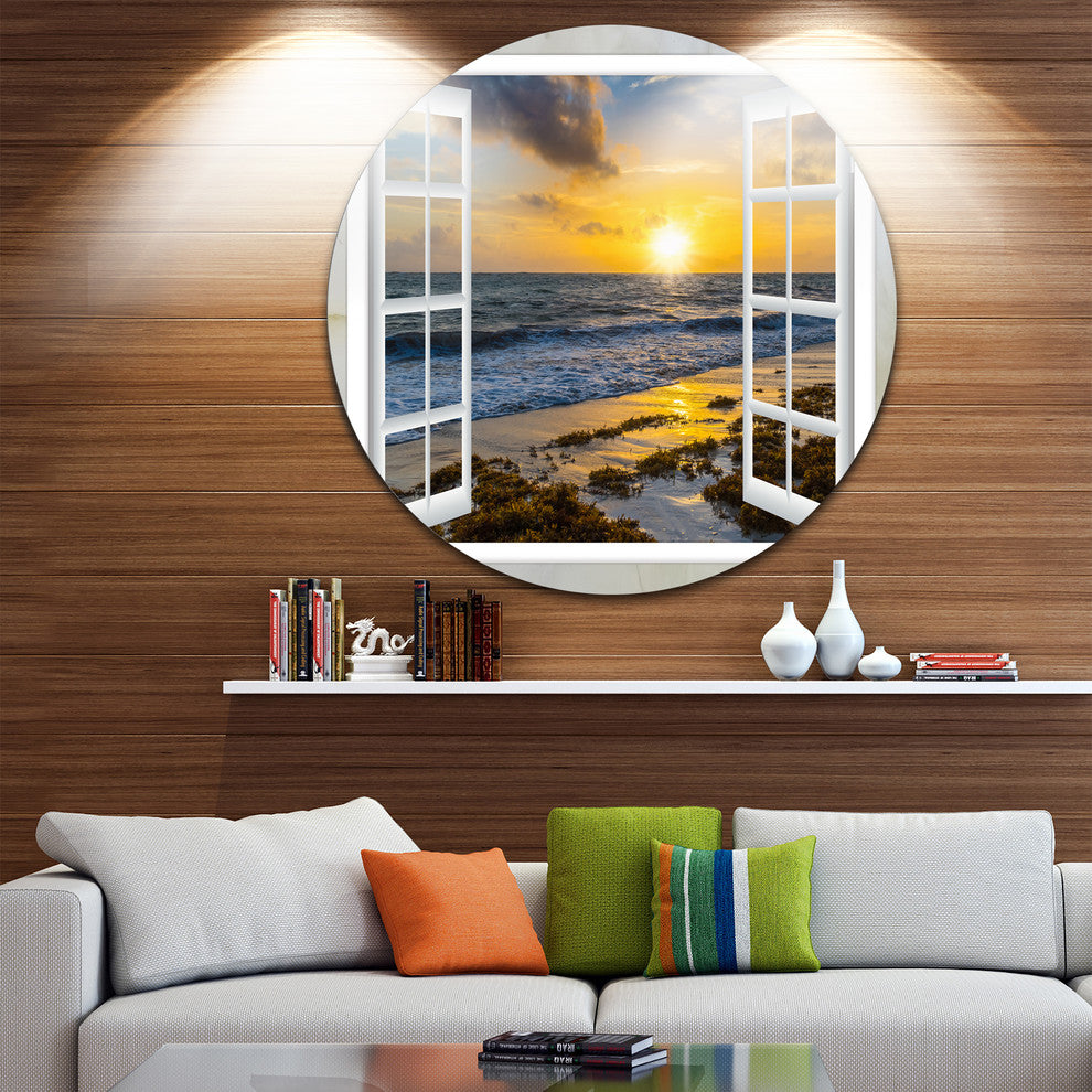 Open Window To Bright Yellow Sunset, Seascape Round Wall Art, 23"