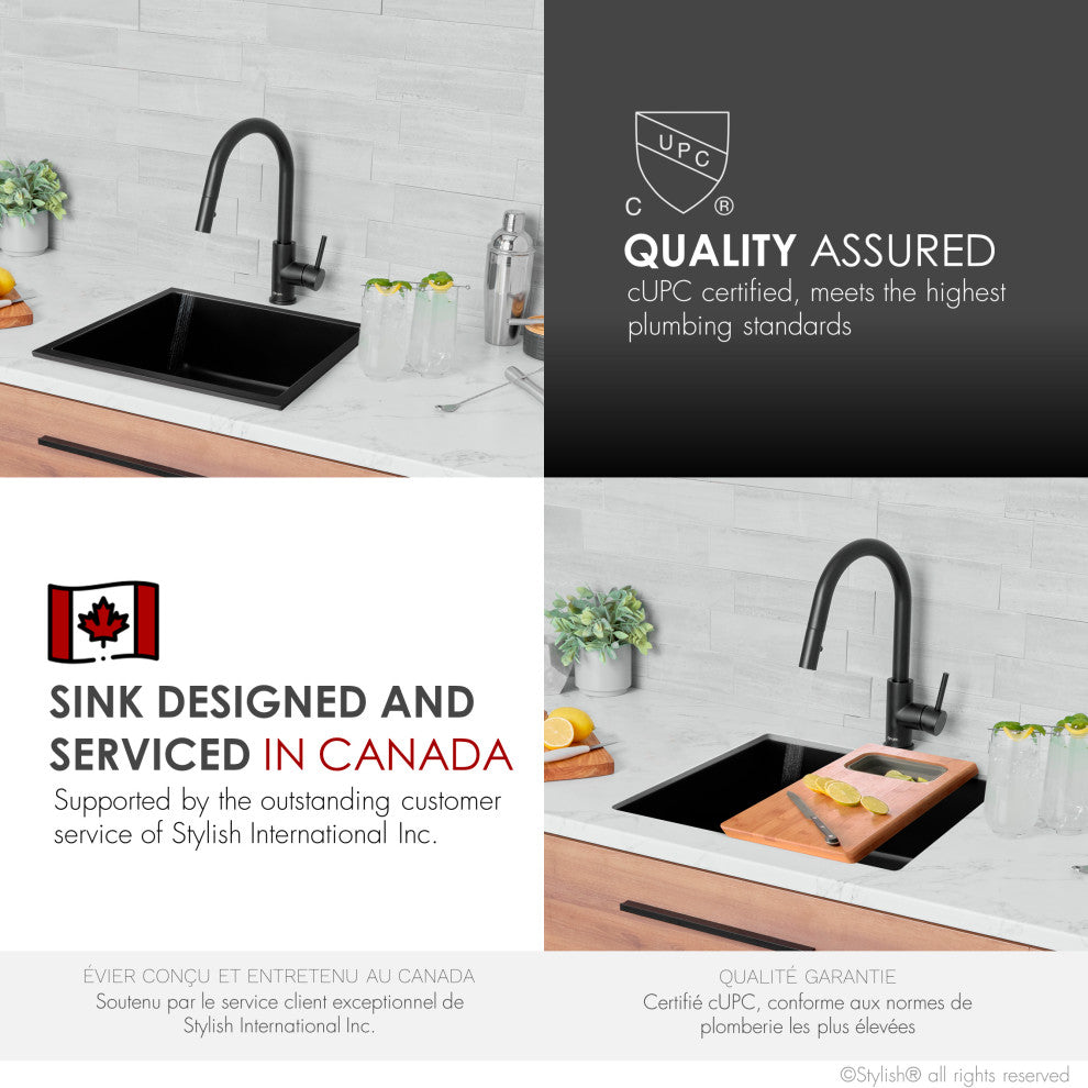 Dual Mount 22" Single-Bowl Black Granite Kitchen Sink with Strainer