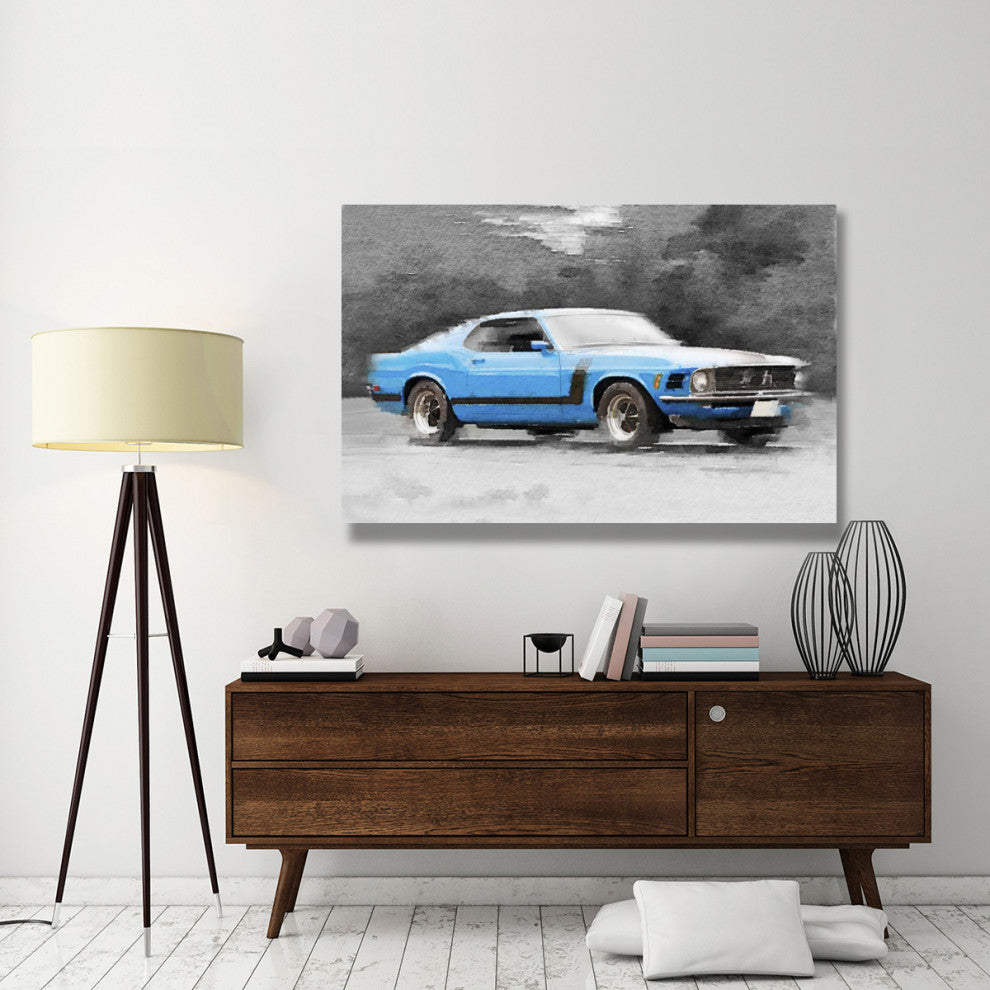 "1970 Ford Mustang Boss Blue Watercolor" Fine Art Print