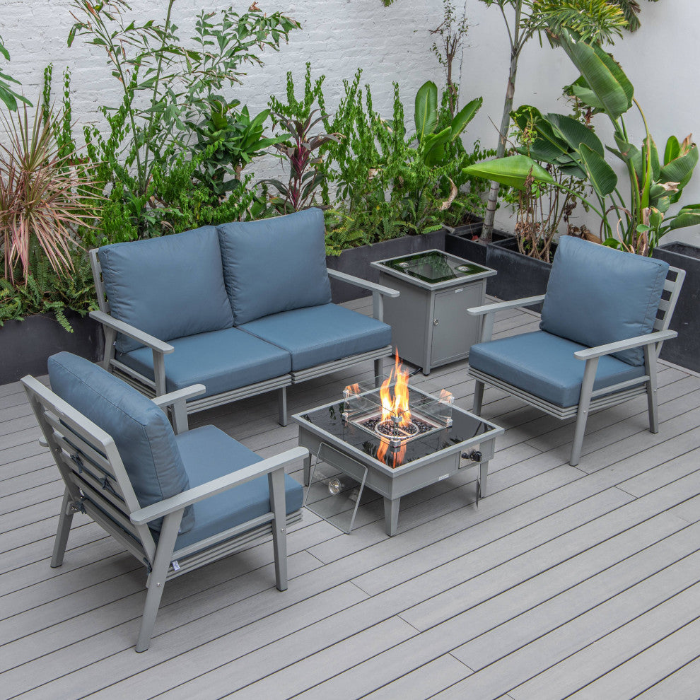 LeisureMod Walbrooke Grey Patio Sofa Set With Square Fire Pit Table, Navy Blue